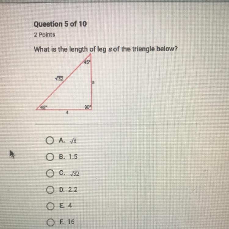 What is the length of leg s of the triangle below?-example-1