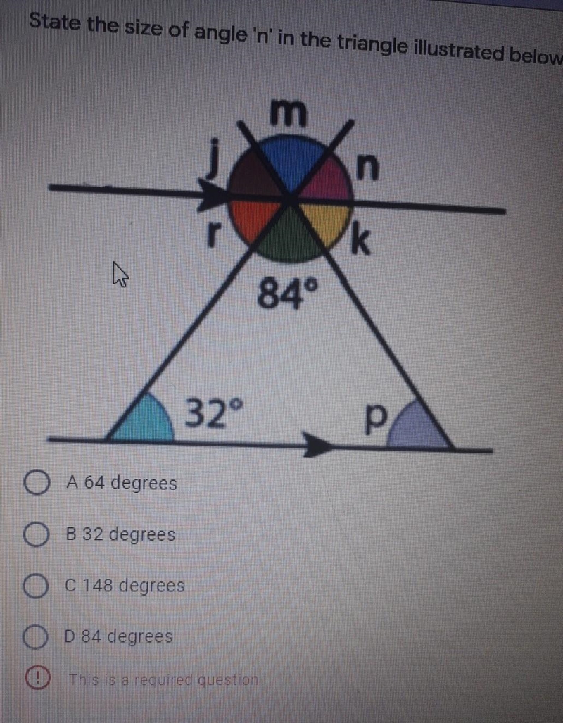 State the size of angle 'n' in the triangle illustrated below. ​-example-1