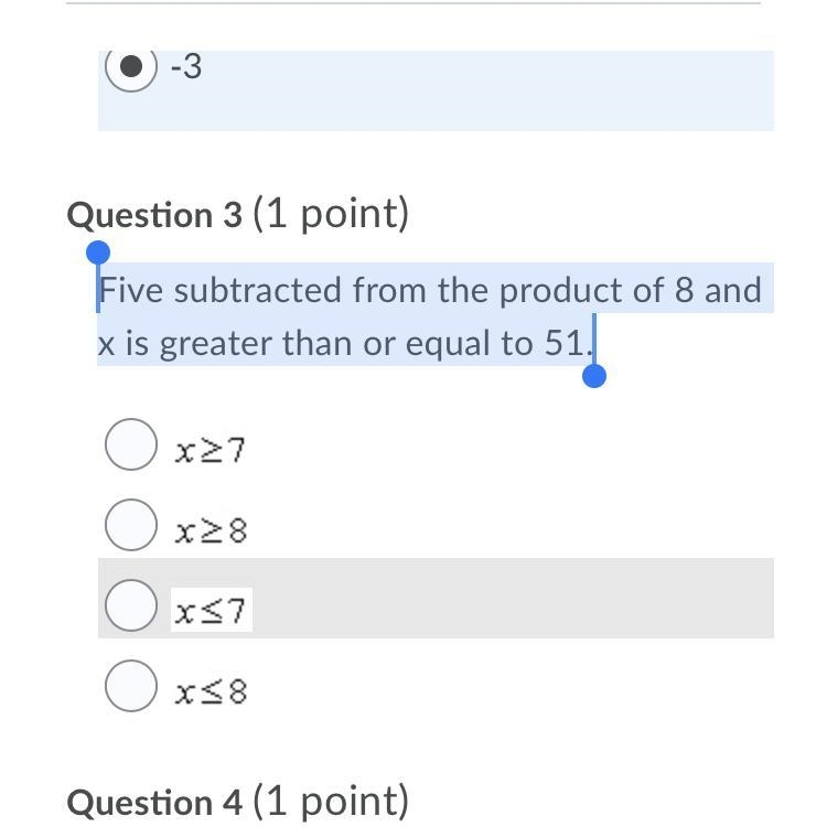 Five subtracted from the product of 8 and x is greater than or equal to 51.-example-1