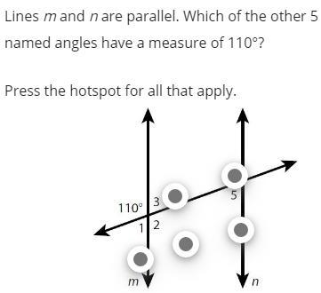 Lines m and n are parallel. Which of the other 5 named angles have a measure of 110°? Press-example-1