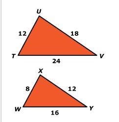 Based on the similar triangles shown below, Theodore claims that ∆TUV is transformed-example-1