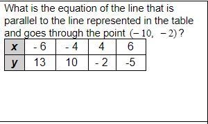 What is the equation of the line that is parallel to the line represented in the table-example-1