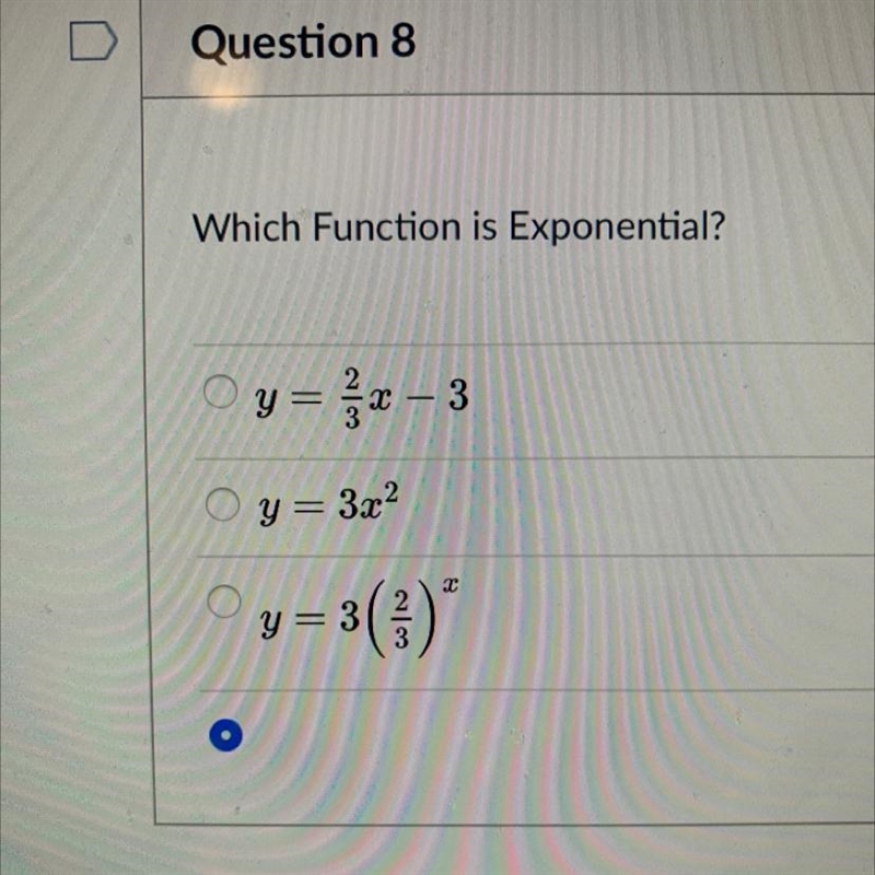 Please help! Will give points!! -Which Function is Exponential?-example-1