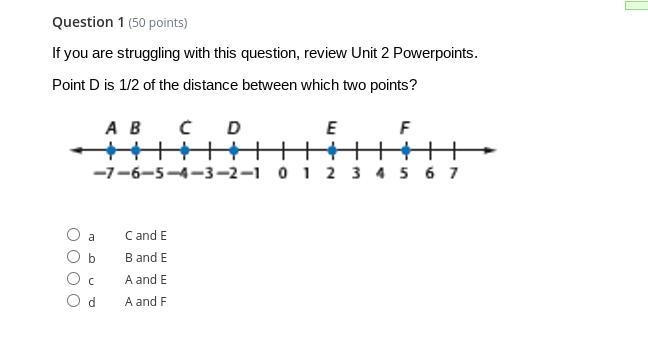 Point D is 1/2 of the distance between which two points?-example-1