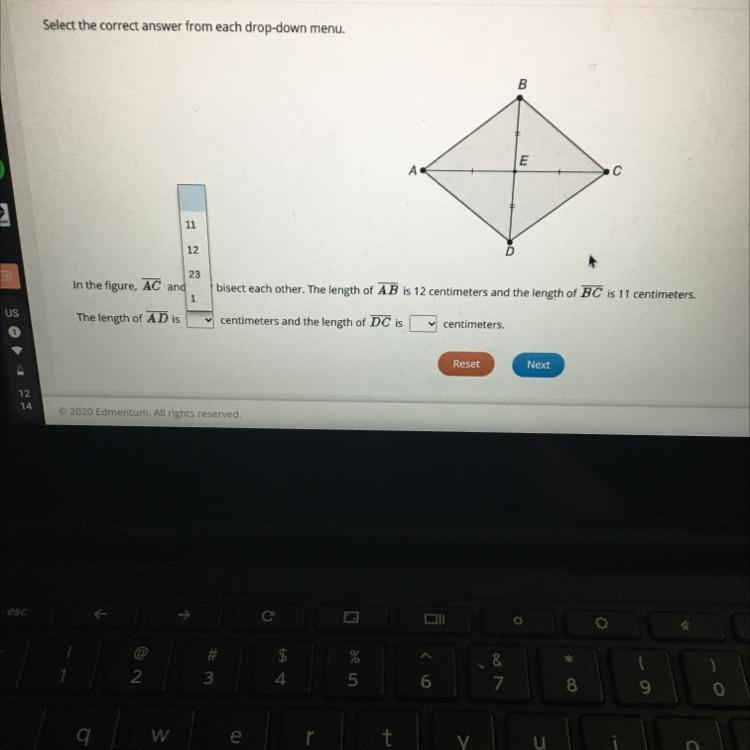 In the figure AC and BD bisect each other. The length of AB is 12 centimeters and-example-1