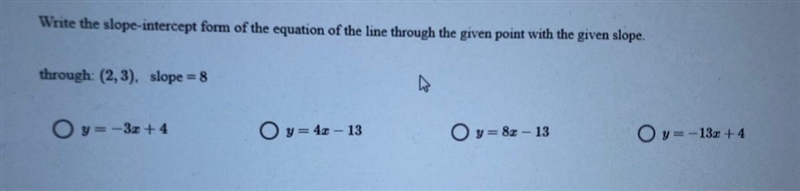 Write the slope intercept form of the equation of the line through the given point-example-1