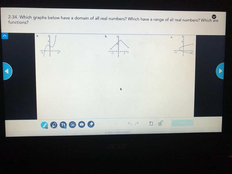 Which graphs below have a domain of all real numbers? Which have a range of all real-example-1