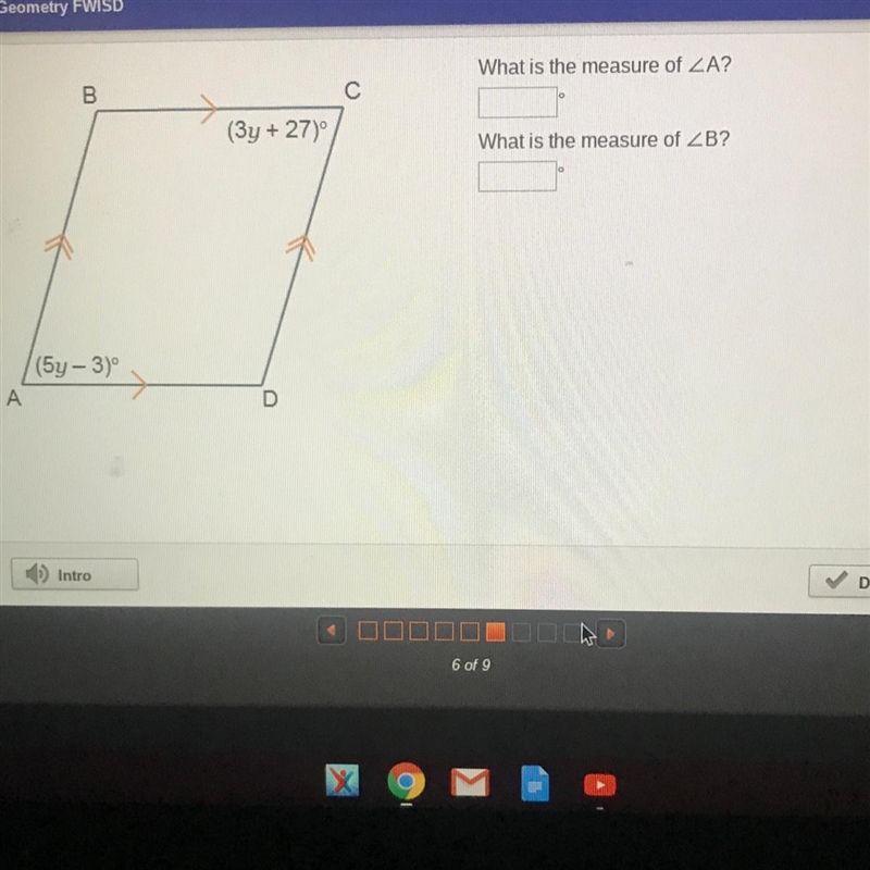 What is the measure of (3y + 27) What is the measure of (5y - 3)-example-1