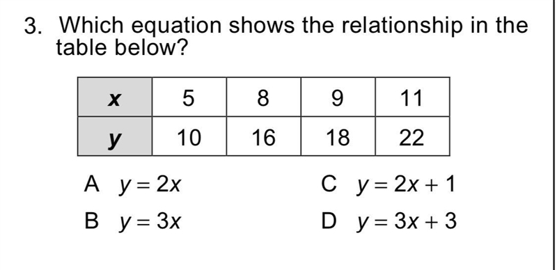 A y=2x B y=3x C y= 2x+1 D y=3x+3-example-1