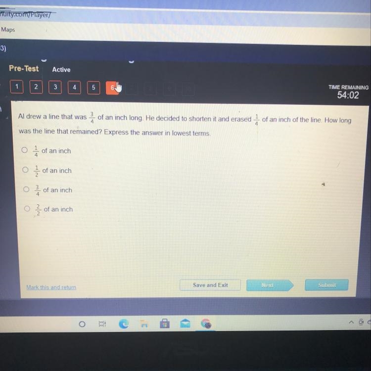 AI Drew a line that was 3/4 of an inch long. He decided to shorten it and erased 1/4 of-example-1