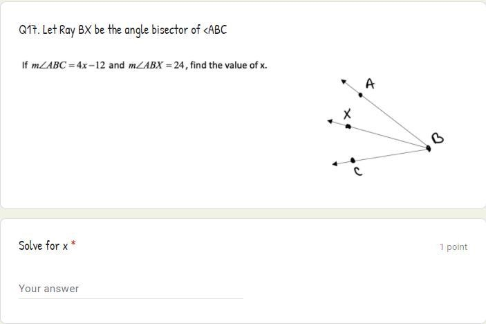 Solve for x in angle bisector please-example-1