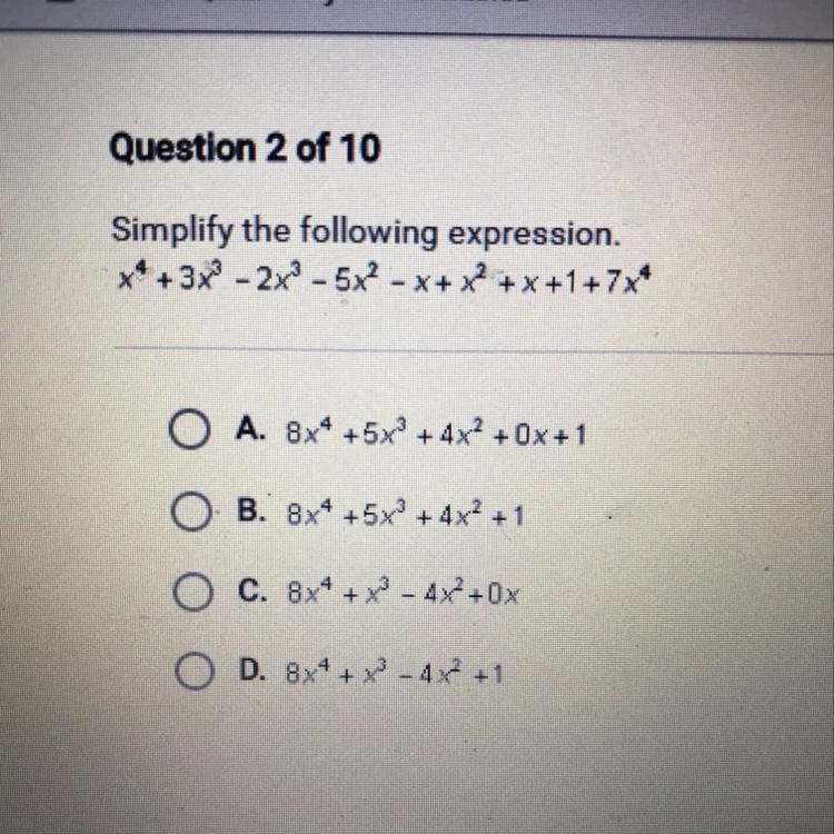 Help please!! Simplify the following expression *4 + 3x3 - 2x - 5x2 - X+ x2 + x +1+7x-example-1