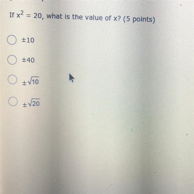 If x^2 = 20, what is the value of x-example-1