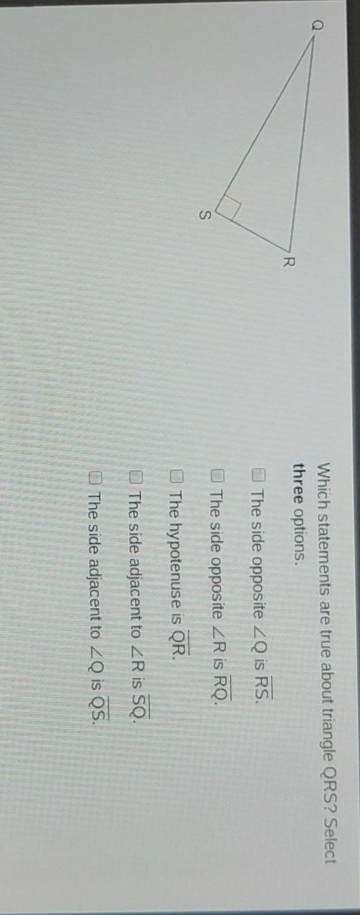 Which statements are true about triangle QRS? Select three options. ​-example-1