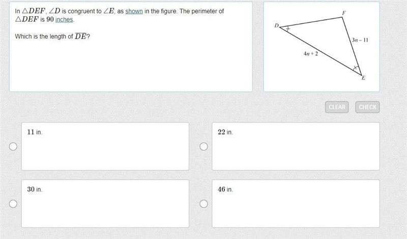 In △DEF, ∠D is congruent to ∠E, as shown in the figure. The perimeter of △DEF is 90 inches-example-1