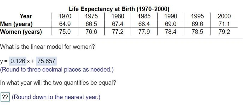 In what year will the two quantities be​ equal?-example-1