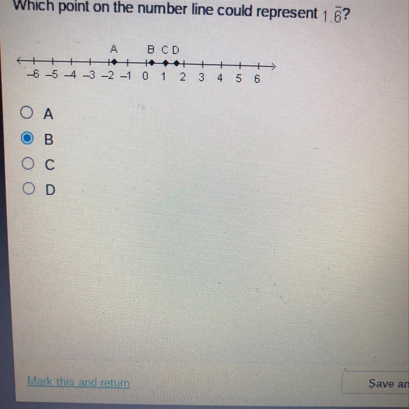 Which point on the number line could represent 1.6?-example-1