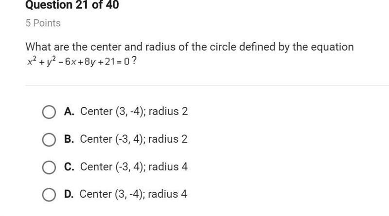 Please help fast!!!! What are the center and radius of the circle defined by the equation-example-1