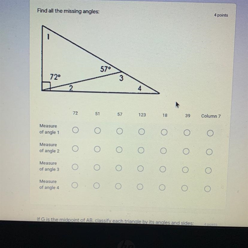 Find all the missing angles: 57 72 3 4 72 51 57 123 18 39 Column 7 Measure of angle-example-1