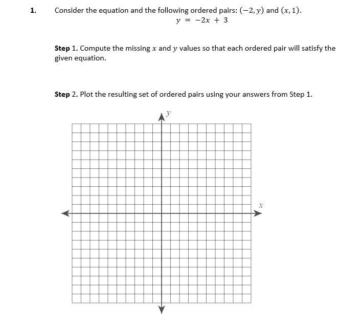 Consider the equation and the following ordered pairs: (-2,y) and (x,1). y = -2x + 3-example-1