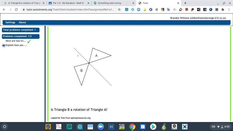 Is Triangle B a rotation of Triangle A? Explain How u know-example-1