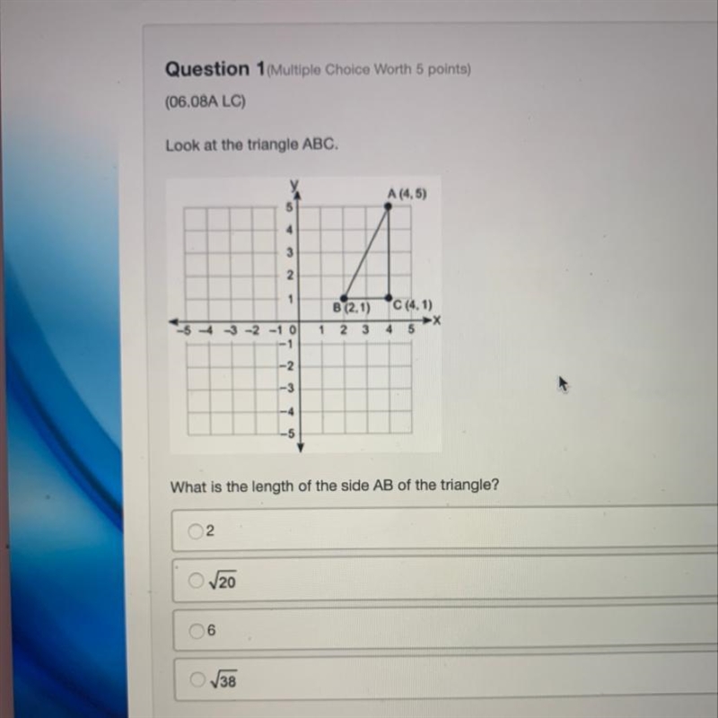 PLEASE HELP!!!!!! Look at the triangle ABC. A (4.5) 5 4 3 2 1 C (4.1) B (2.1) 1 2 3 4 5 --5 -4 -3 -2 -1 0 -1 -2 -3 -4 -5 What-example-1