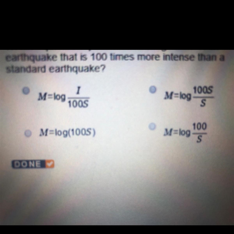 Which equation represents the magnitude of an earthquake that is 100 times more intense-example-1