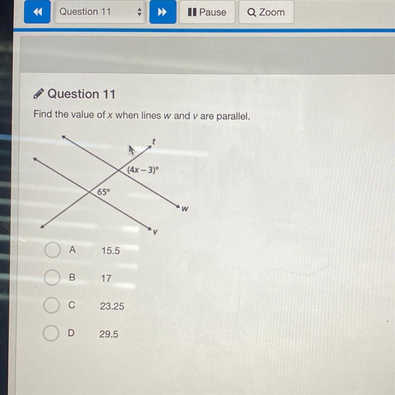 Find the value of x when lines w and v are parallel.-example-1