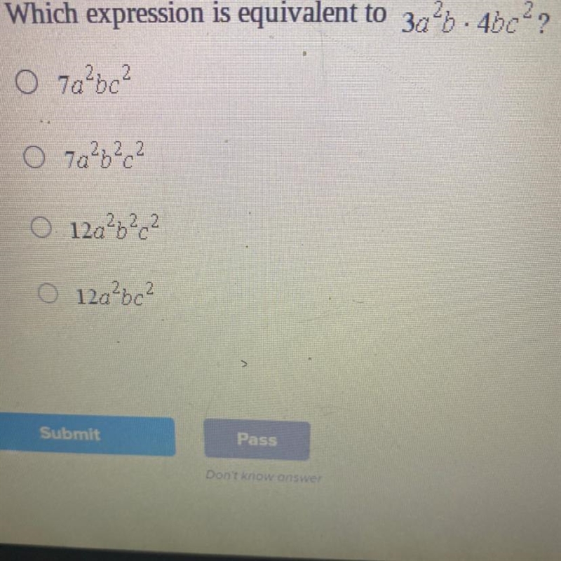 Which expression is equivalent to 3a^2b•4bc^2-example-1