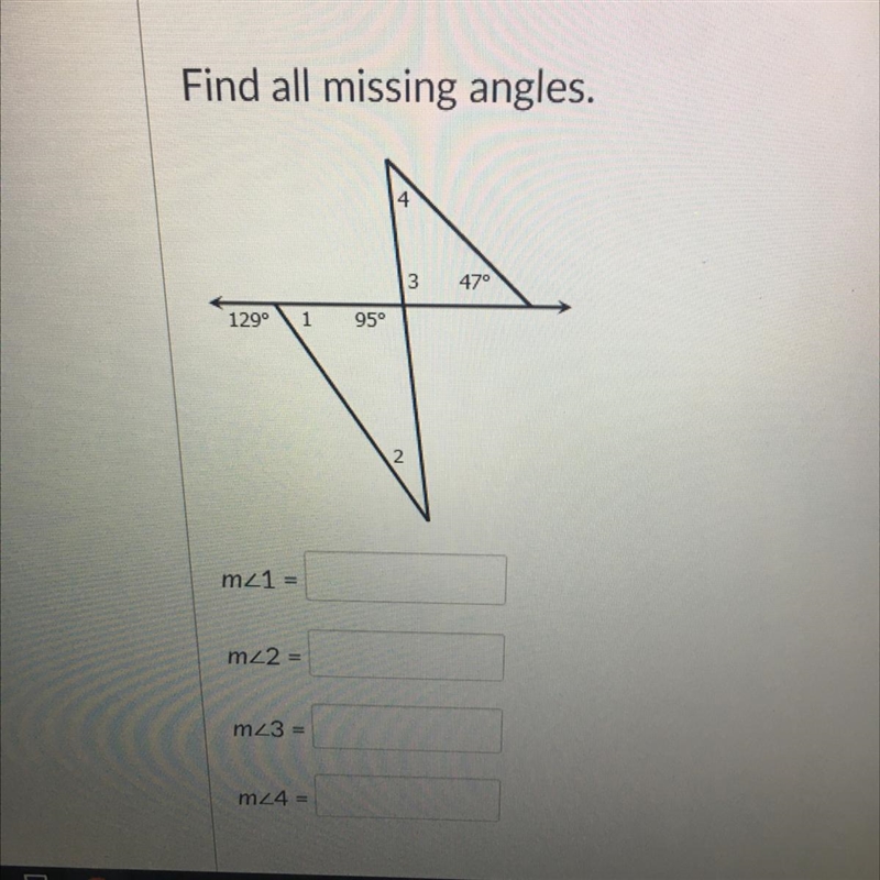 Find all missing angles. 3 47° 1290 1 95° m21 = mz2 = m23 = m24 =-example-1