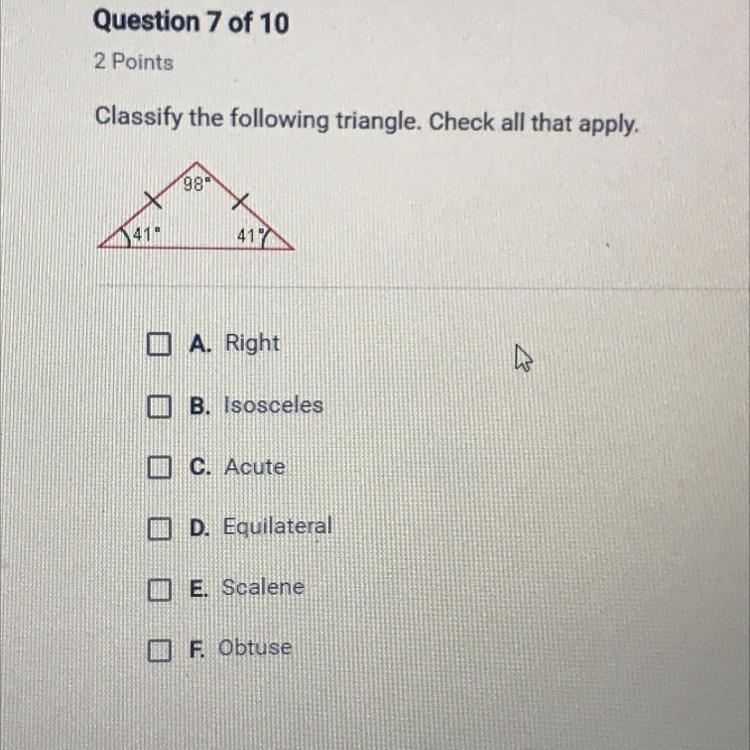 Classify the following triangle check all that apply. 98,41,41-example-1