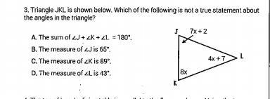 Triangle JKL is shown below. which of the following is not a true statement about-example-1