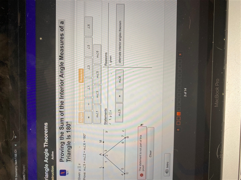 Match reason with statement given y//z prove m<5+m<2+m<6=180-example-1