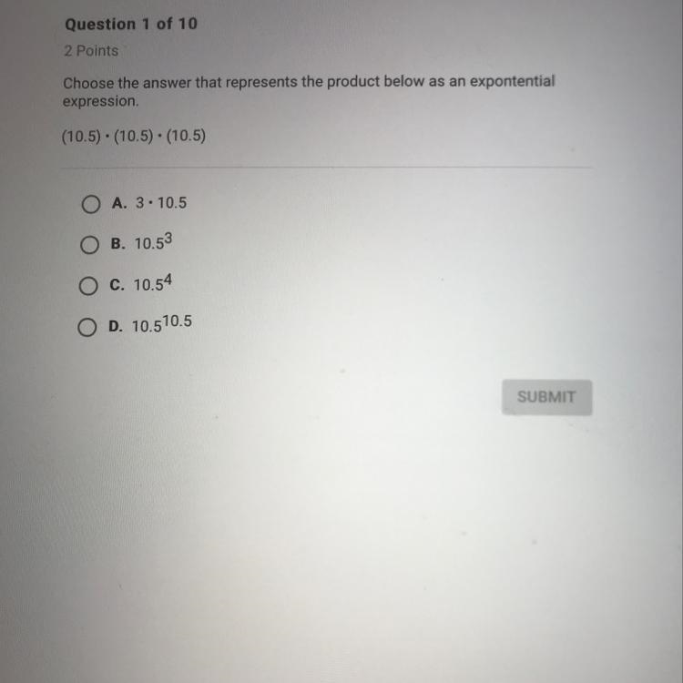 Choose the answer that represents the product below as an expontential expression-example-1