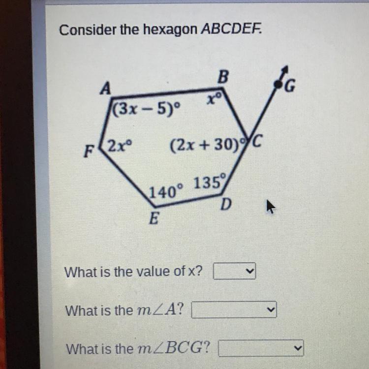 Consider the hexagon ABCDEF￼ what is the value of X? What is the measure of angle-example-1