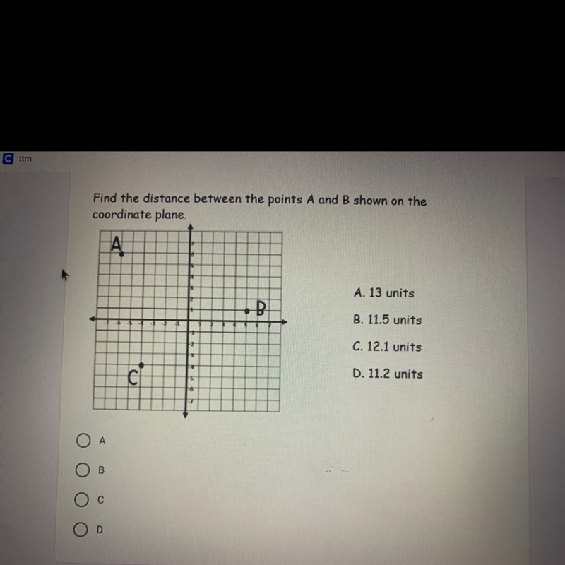 Please help me. Find the distance between the points A and B shown on the coordinate-example-1