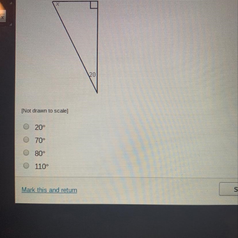 What is the measure of angle x? 20 70 80 110-example-1