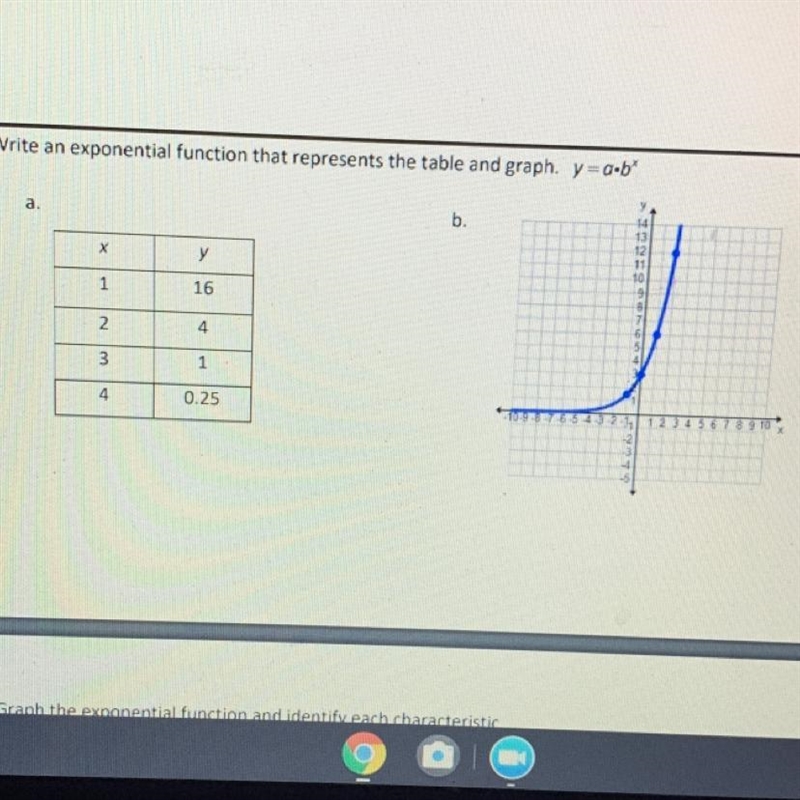 3. Write an exponential function that represents the table and graph. y=0-b* please-example-1