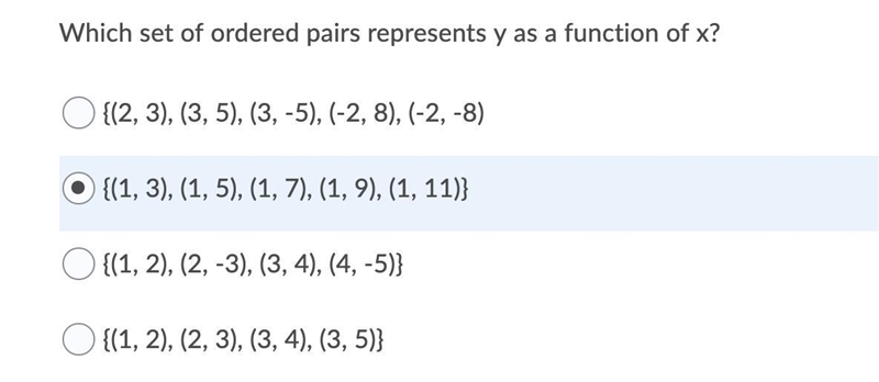 Which set of ordered pairs represents y as a function of x?-example-1