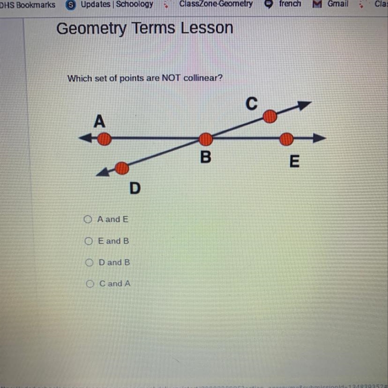 Which set of points are NOT collinear? A B D A and E E and B OD and B OC and A-example-1