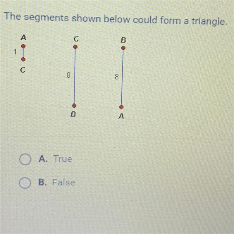 The segments shown below could form a triangle. A. True B. False-example-1