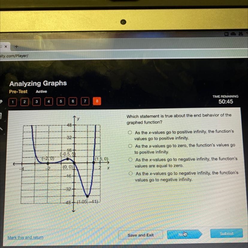 Which statement is true about the end behavior of the graphed function?-example-1