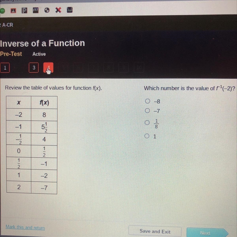 Review the table of values for function f(x). Which number is the value of f1(-2)?-example-1