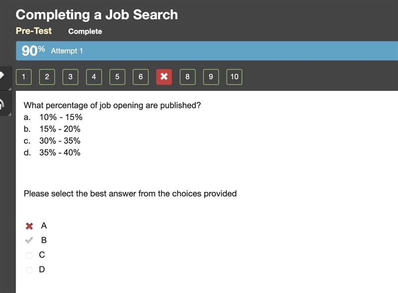 What percentage of job opening are published? a. 10% - 15% b. 15% - 20% 30% - 35% 35% - 40% Please-example-1