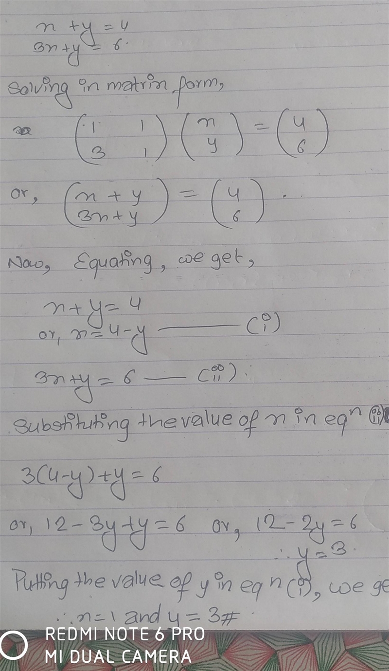 Solve each system of equations using a matrix x+y=4 3x+y=6-example-1