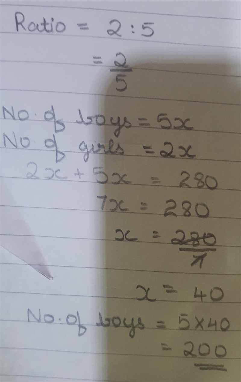 The ratio of girls to boys in the sixth grade is 2:5. If there are a TOTAL of 280 students-example-1