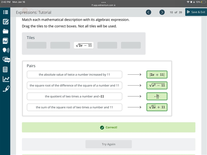 PLEASE HELP!!! Match each mathematical description with its algebraic expression, Drag-example-1