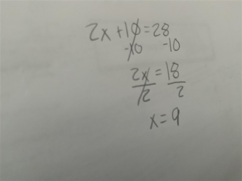 What is the solution to this equation 2x + 10 equals 28-example-1