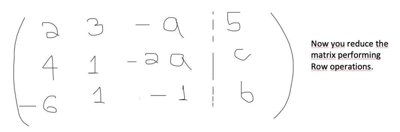 Consider the linear system 2x1 + 3x2 −ax3 = 5 4x1 + x2 −2ax3 = c −6x1 + x2 −x3 = b-example-1