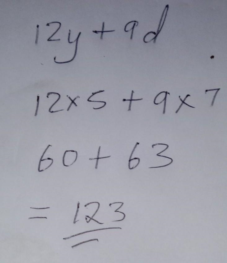 Evaluate: 12/y+9d if y = 5 and d = 7-example-1